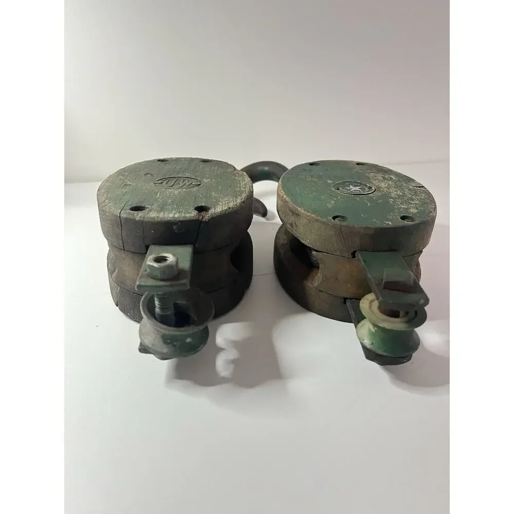 Set Of 2 Vintage Wooden Block Tackle Pulley Barn Industrial Decor Steampunk VTG